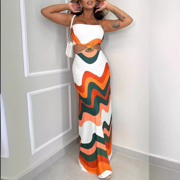 Printed patchwork backless hollow elastic neck hanging long dress