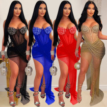 Women's sexy mesh hot diamond suspender long dress dress Women's sexy mesh hot diamond suspender long dress dress