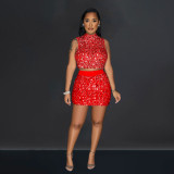 Women's sexy hot diamond hollow vest short skirt two-piece set