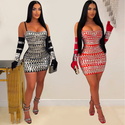 Women's hot diamond sexy suspender gloves long dress dress