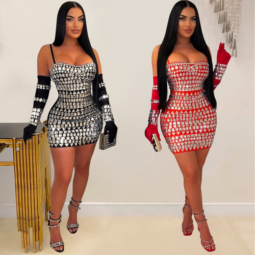 Women's hot diamond sexy suspender gloves long dress dress