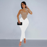Women's solid color mesh hot diamond long sleeved pants jumpsuit