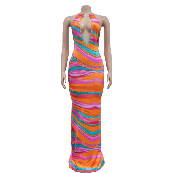 Women's printed sleeveless deep V backless long dress dress
