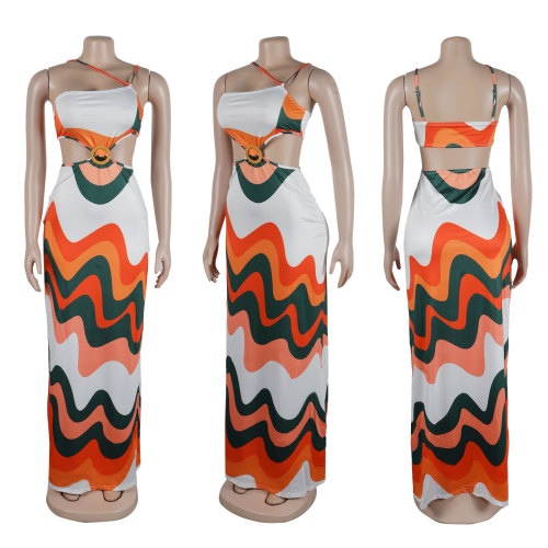 Printed patchwork backless hollow elastic neck hanging long dress