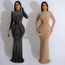 Women's solid color mesh hot diamond long dress Women's solid color mesh hot diamond long dress
