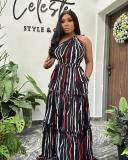 Printed patchwork with straps, large skirt hem, sloping shoulder, backless dress