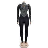 Women's solid color mesh hot diamond long sleeved pants jumpsuit