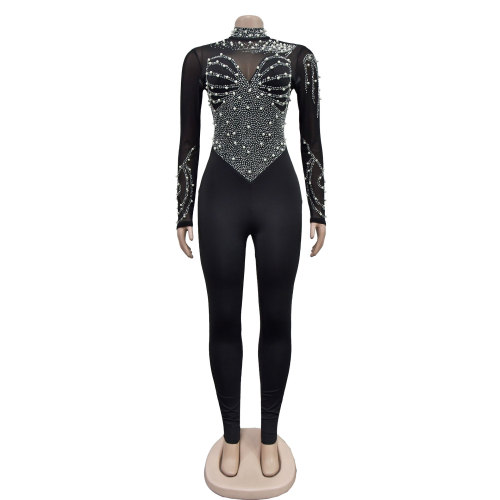 Women's solid color mesh hot diamond long sleeved pants jumpsuit