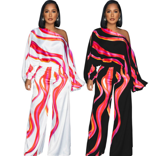 Single shoulder diagonal collar long sleeved women's wide tube jumpsuit