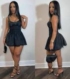 Distressed printed camisole patchwork puffy dress