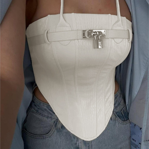 Metal buckle waistband hanging neck leather vest top