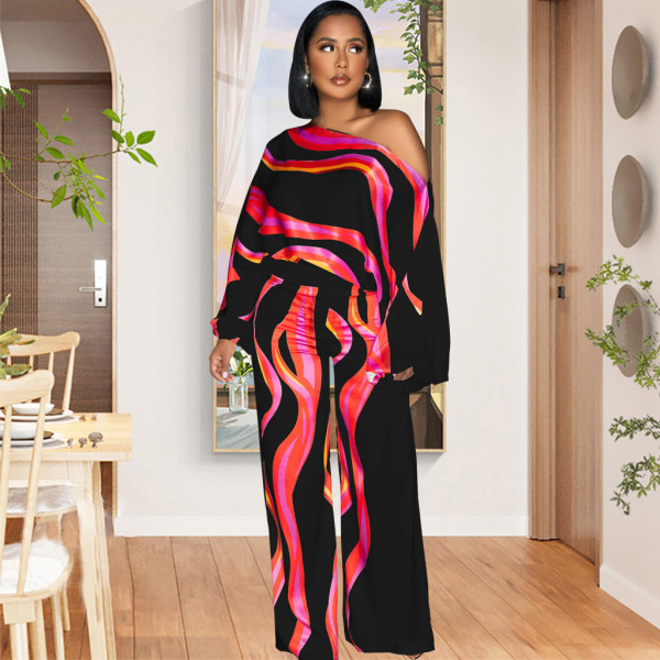 Single shoulder diagonal collar long sleeved women's wide tube jumpsuit