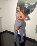 Washed stretch denim casual sexy skirt set