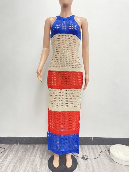 Sexy Perspective Knitted Mesh Split Colored Dress