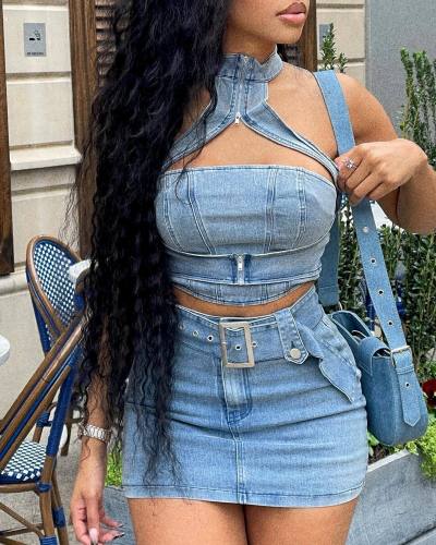 Water washed elastic denim neck hanging zipper sexy skirt set