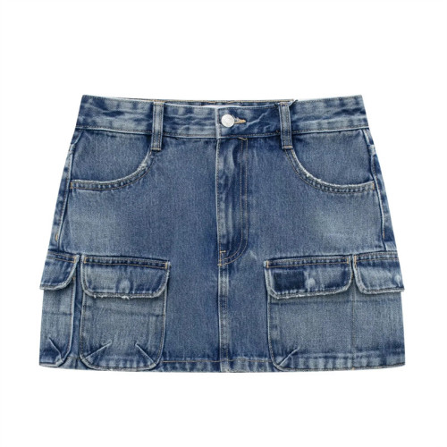 Personalized pocket embellishments high waisted workwear denim skirt
