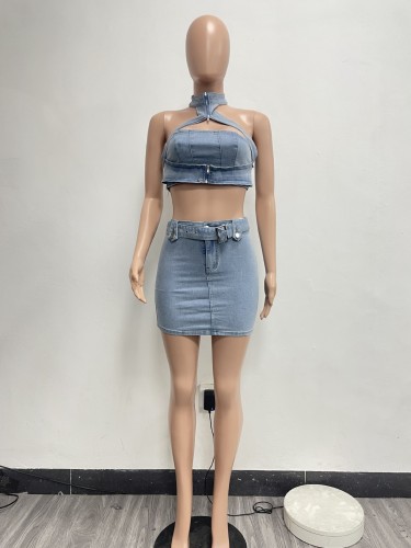 Water washed elastic denim neck hanging zipper sexy skirt set