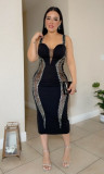 Hot Diamond Spliced Hollow Wrap Hip Slim Fit Slim Strap Dress