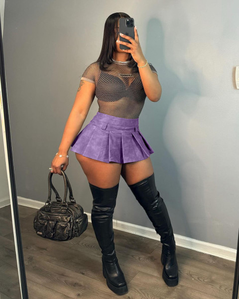 Women's leather sexy solid color zippered pleated ultra short skirt