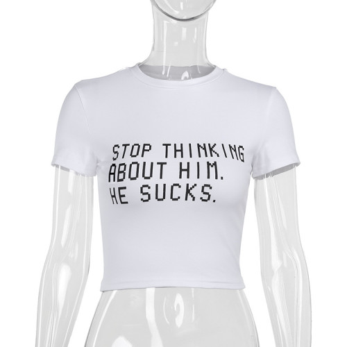 Open navel versatile T-shirt printed short sleeved top