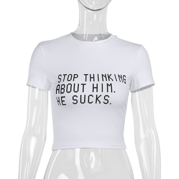Open navel versatile T-shirt printed short sleeved top