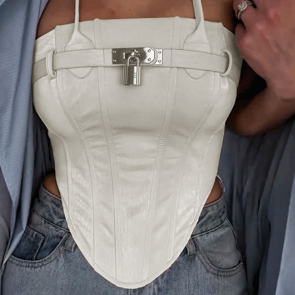 Metal buckle waistband hanging neck leather vest top