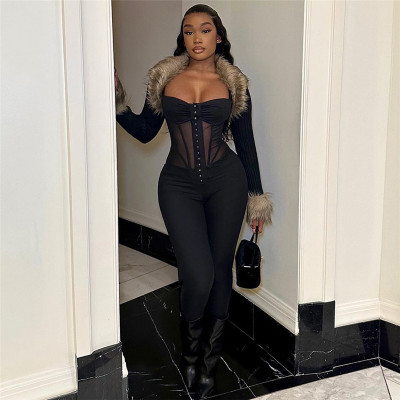 Low cut perspective slim fit jumpsuit