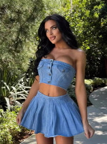Elastic wrapped chest button denim split skirt set Elastic wrapped chest button denim split skirt set