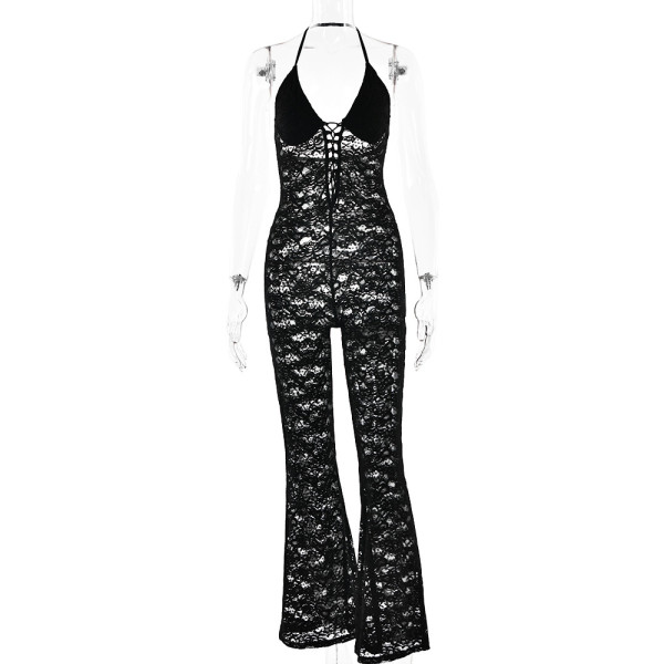 Hollow Lace Perspective Open Back Hanging Neck Slim Fit jumpsuit