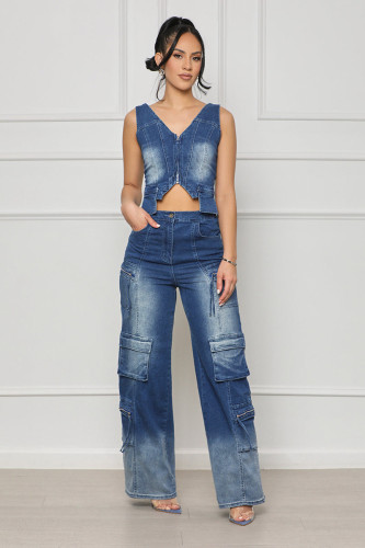 Multi pocket wide leg vintage vest set