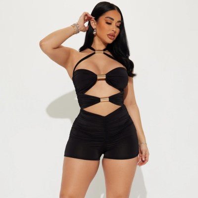 Hollow metal tube splicing with bow tie hanging neck jumpsuit shorts