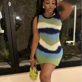 Sleeveless contrasting knitted high waisted slim fit short dress