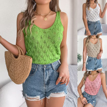 V-neck hollowed out leaf sleeveless knit vacation vest