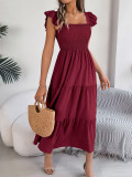 Square necked wooden ear edge waistband A-line long skirt