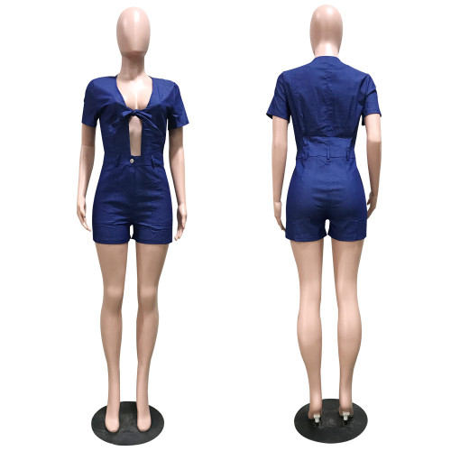 Open chest denim jumpsuit