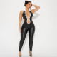 PU leather lapel hollowed out contrasting color slim fit jumpsuit