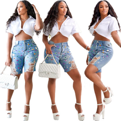 Printed denim shorts