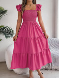 Square necked wooden ear edge waistband A-line long skirt