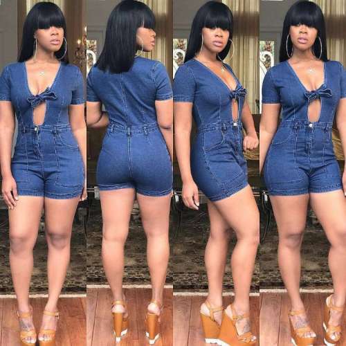 Open chest denim jumpsuit