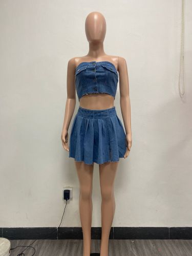 Elastic wrapped chest button denim split skirt set
