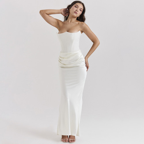 Waist tied strapless one line neckline long skirt