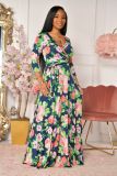 Printed V-neck large hem dress