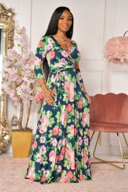 Printed V-neck large hem dress