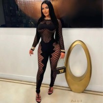 Round neck long sleeved hollowed out knit jumpsuit