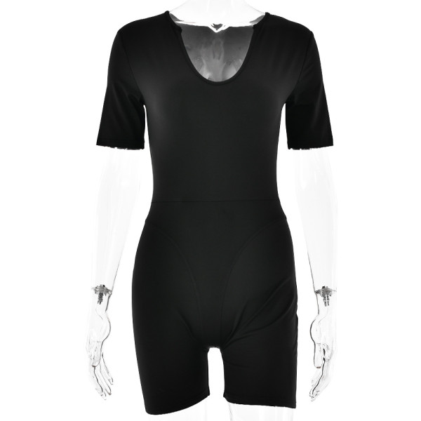 Short sleeved V-neck patchwork jumpsuit