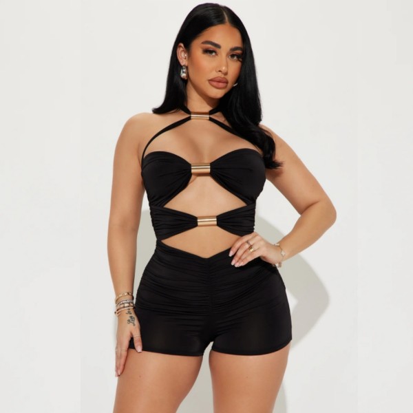 Hollow metal tube splicing with bow tie hanging neck jumpsuit shorts