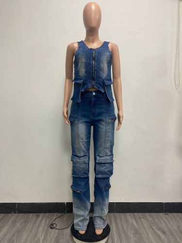 Multi pocket wide leg vintage vest set