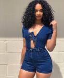 Open chest denim jumpsuit