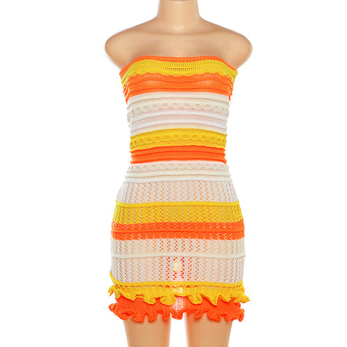 Chestless and backless color patchwork lace slim fit knit dress