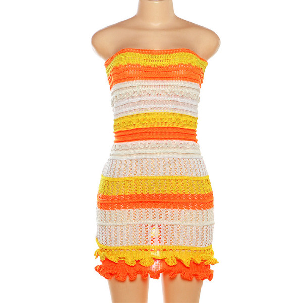 Chestless and backless color patchwork lace slim fit knit dress